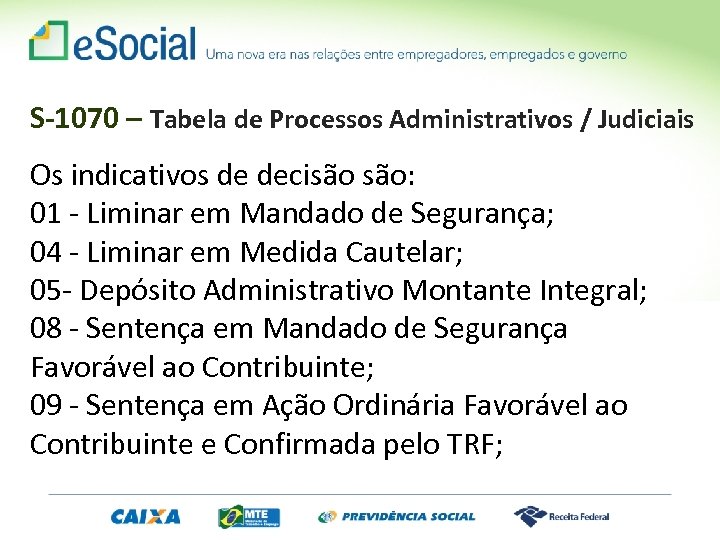 S-1070 – Tabela de Processos Administrativos / Judiciais Os indicativos de decisão são: 01