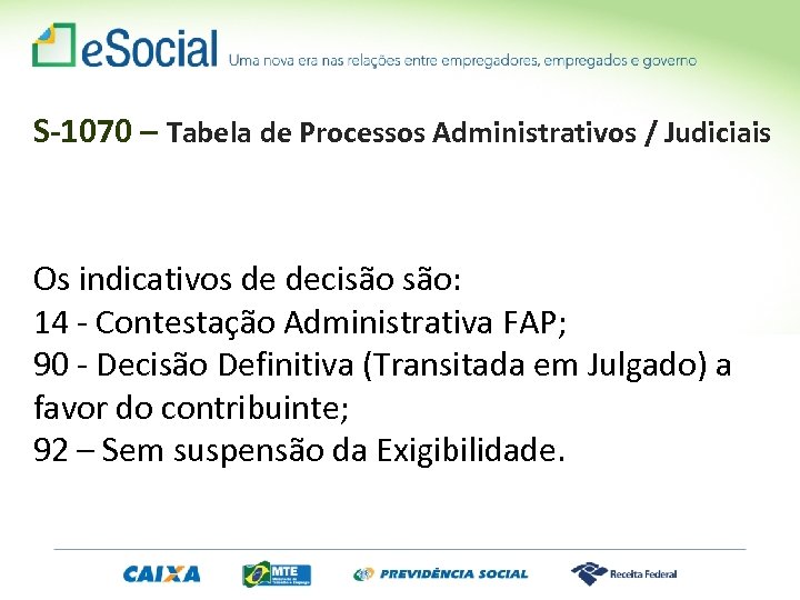 S-1070 – Tabela de Processos Administrativos / Judiciais Os indicativos de decisão são: 14
