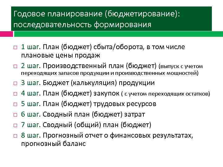 Годовое планирование (бюджетирование): последовательность формирования 1 шаг. План (бюджет) сбыта/оборота, в том числе плановые