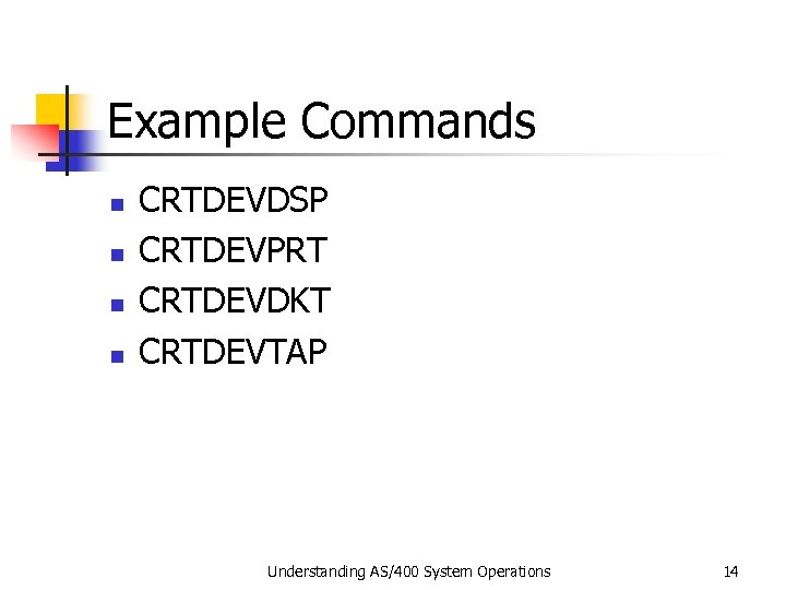 Example Commands n n CRTDEVDSP CRTDEVPRT CRTDEVDKT CRTDEVTAP Understanding AS/400 System Operations 14 