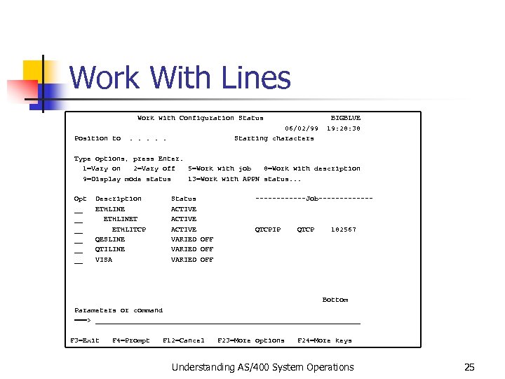 Work With Lines Work with Configuration Status BIGBLUE 06/02/99 19: 28: 38 Position to