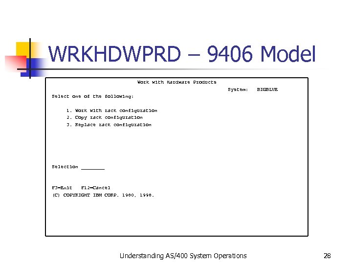 WRKHDWPRD – 9406 Model Work with Hardware Products System: BIGBLUE Select one of the