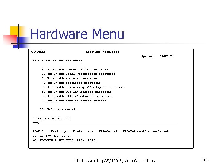Hardware Menu HARDWARE Hardware Resources System: BIGBLUE Select one of the following: 1. Work