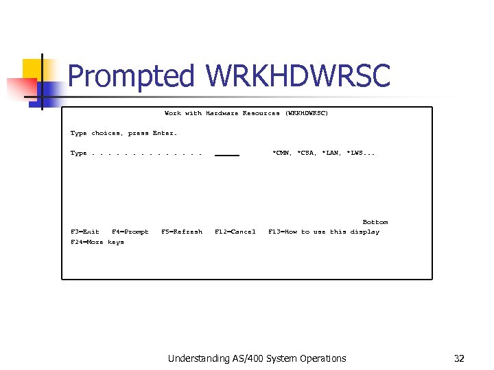 Prompted WRKHDWRSC Work with Hardware Resources (WRKHDWRSC) Type choices, press Enter. Type. . .