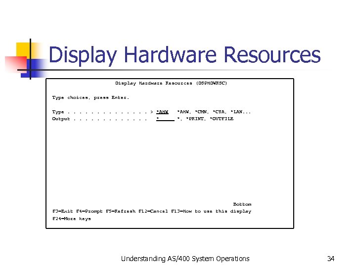 Display Hardware Resources (DSPHDWRSC) Type choices, press Enter. Type. . . > *AHW, *CMN,