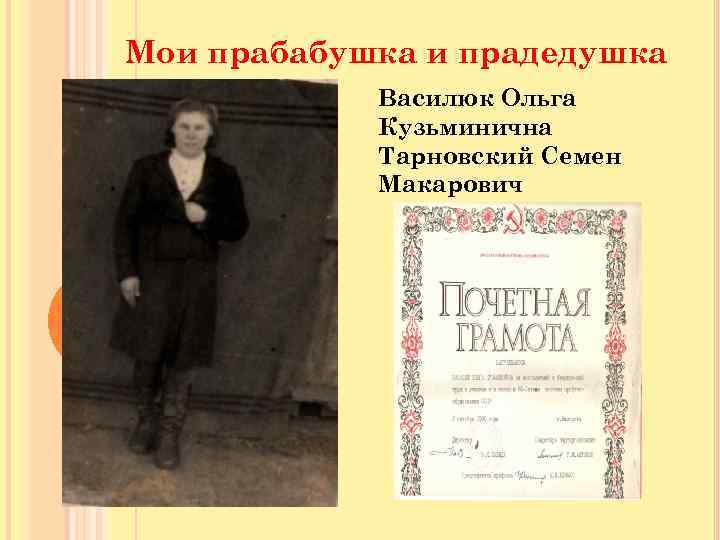 Мои прабабушка и прадедушка Василюк Ольга Кузьминична Тарновский Семен Макарович 