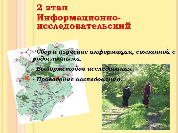 2 этап Информационноисследовательский - Сбор и изучение информации, связанной с родословными. - Выборметодов исследования.