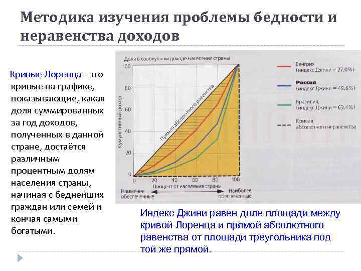 Методика изучения проблемы бедности и неравенства доходов Кривые Лоренца - это кривые на графике,