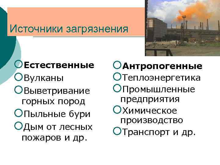 Источники загрязнения ¡Естественные ¡Вулканы ¡Выветривание горных пород ¡Пыльные бури ¡Дым от лесных пожаров и