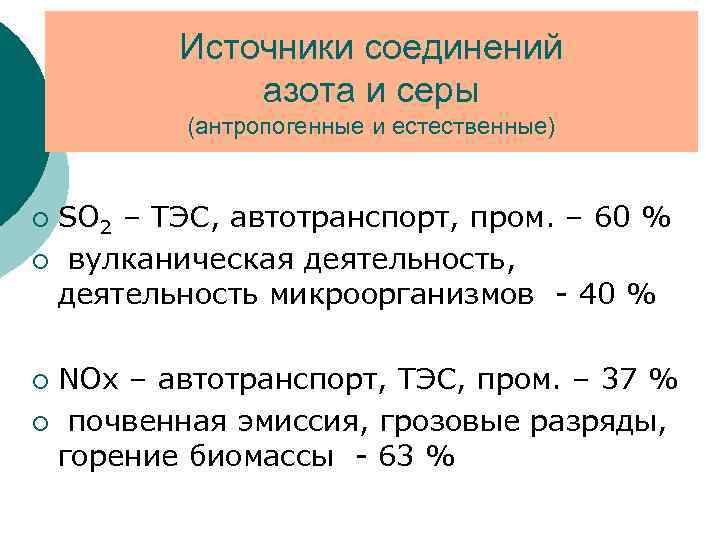 Источники соединений азота и серы (антропогенные и естественные) SO 2 – ТЭС, автотранспорт, пром.