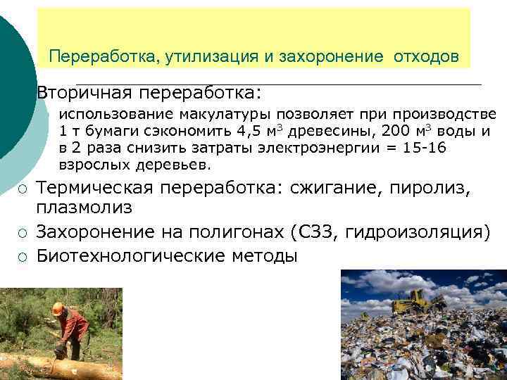 Переработка, утилизация и захоронение отходов ¡ Вторичная переработка: l ¡ ¡ ¡ использование макулатуры