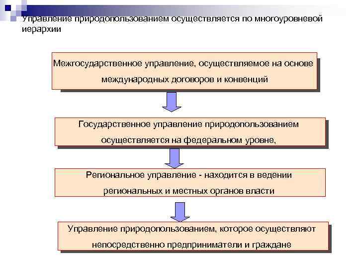 Управление природопользованием осуществляется по многоуровневой иерархии Межгосударственное управление, осуществляемое на основе международных договоров и