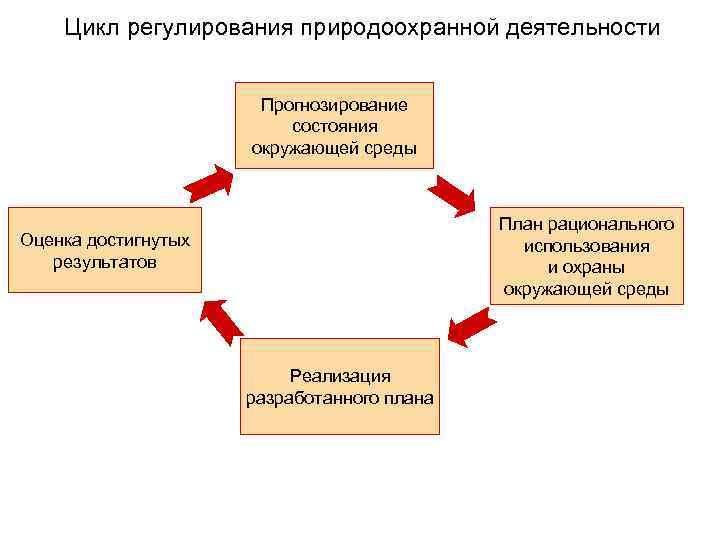 Цикл регулирования природоохранной деятельности Прогнозирование состояния окружающей среды План рационального использования и охраны окружающей