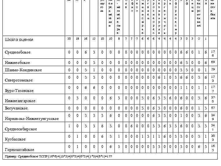 зы то ь Шкала оценки 20 18 16 Среднеобское 0 0 Нижнеобское 0 Шаимо-Кондинское