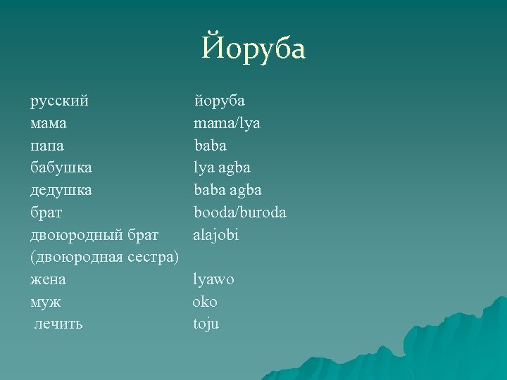 Йоруба русский йоруба мама mama/lya папа baba бабушка lya agba дедушка baba agba брат