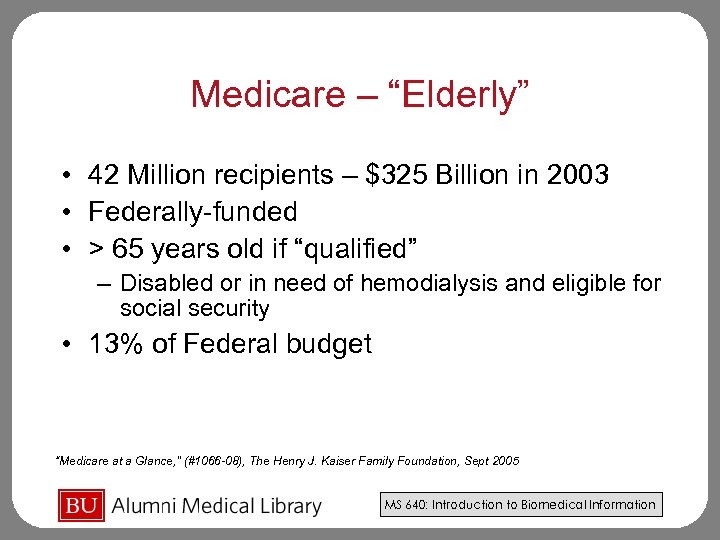 Medicare – “Elderly” • 42 Million recipients – $325 Billion in 2003 • Federally-funded