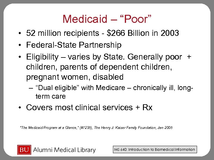 Medicaid – “Poor” • 52 million recipients - $266 Billion in 2003 • Federal-State