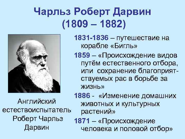 Чарльз Роберт Дарвин (1809 – 1882) 1831 -1836 – путешествие на корабле «Бигль» 1859