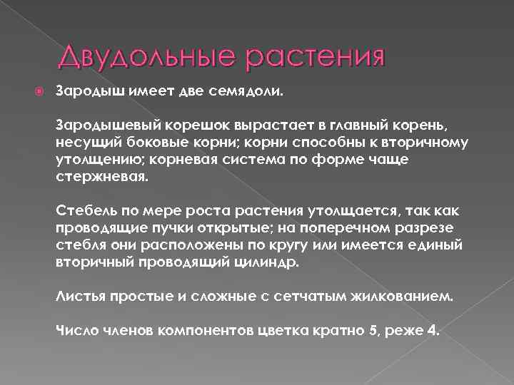 Двудольные растения Зародыш имеет две семядоли. Зародышевый корешок вырастает в главный корень, несущий боковые