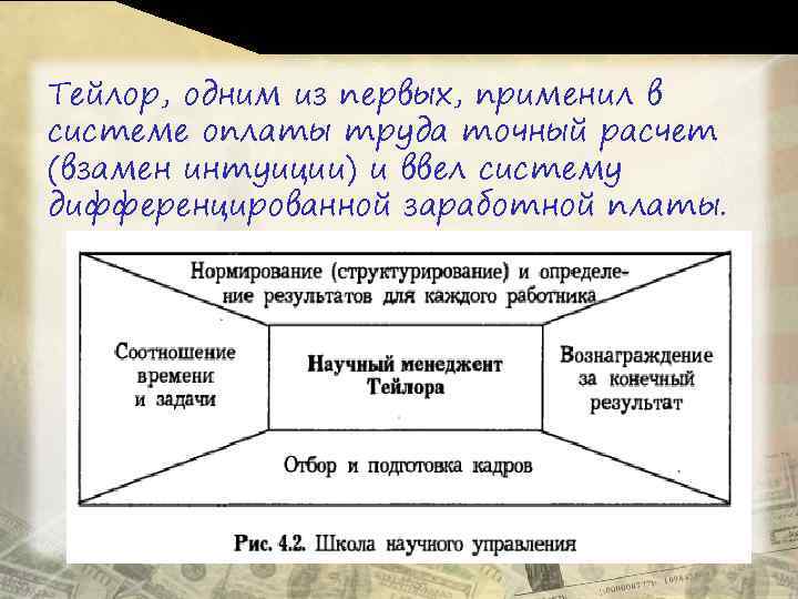 Тейлор, одним из первых, применил в системе оплаты труда точный расчет (взамен интуиции) и