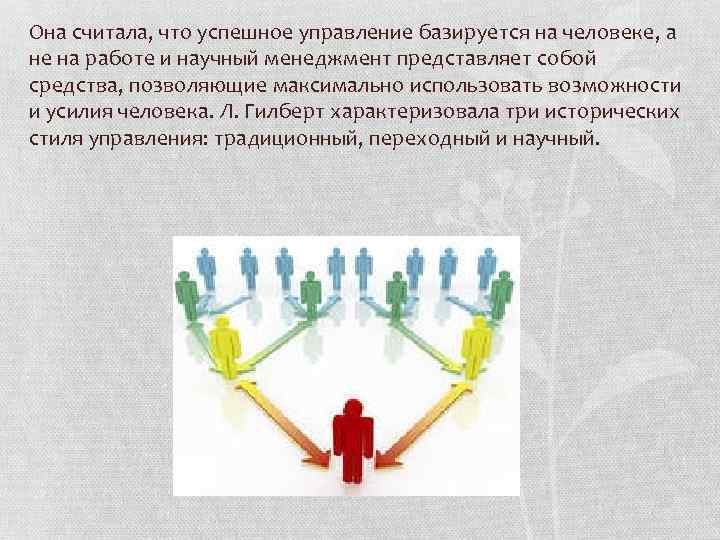 Она считала, что успешное управление базируется на человеке, а не на работе и научный