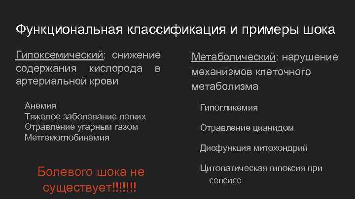 Функциональная классификация и примеры шока Гипоксемический: снижение содержания кислорода в артериальной крови Анемия Тяжелое