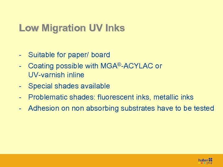 Titel Low Migration UV Inks - Suitable for paper/ board - Coating possible with