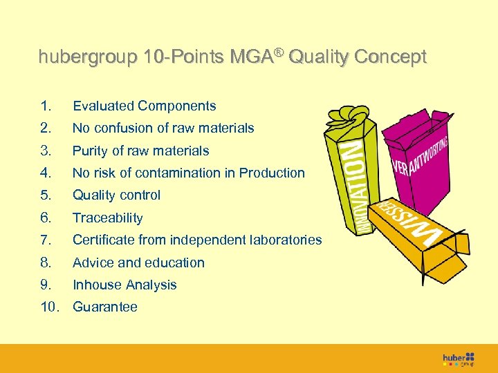 Titel hubergroup 10 -Points MGA® Quality Concept 1. Evaluated Components 2. No confusion of