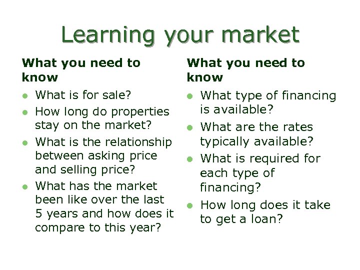 Learning your market What you need to know l What is for sale? l