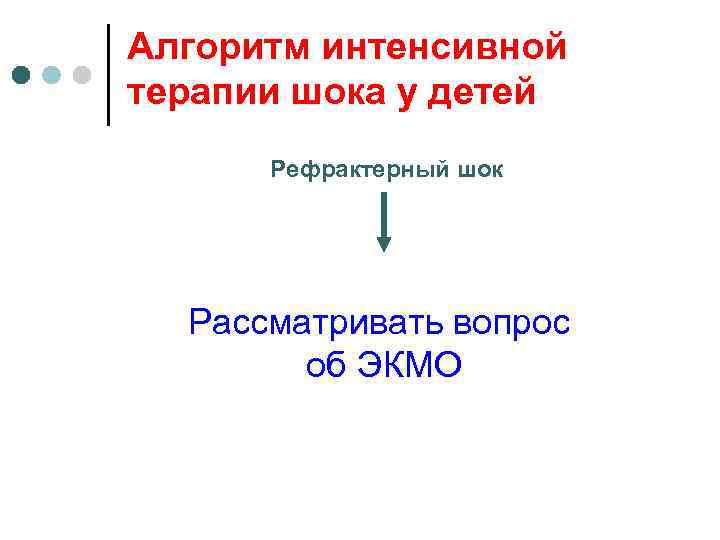 Алгоритм интенсивной терапии шока у детей Рефрактерный шок Рассматривать вопрос об ЭКМО 