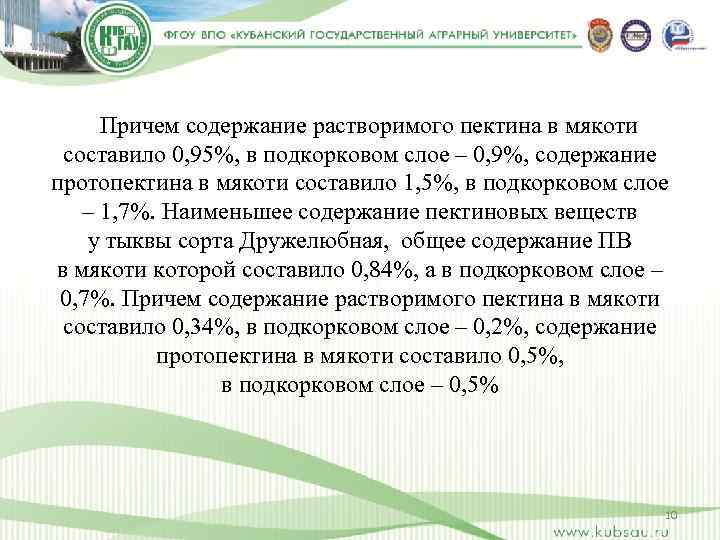 Причем содержание растворимого пектина в мякоти составило 0, 95%, в подкорковом слое – 0,