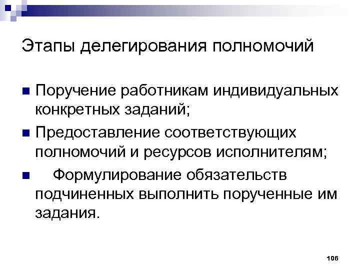 Этапы делегирования полномочий Поручение работникам индивидуальных конкретных заданий; n Предоставление соответствующих полномочий и ресурсов