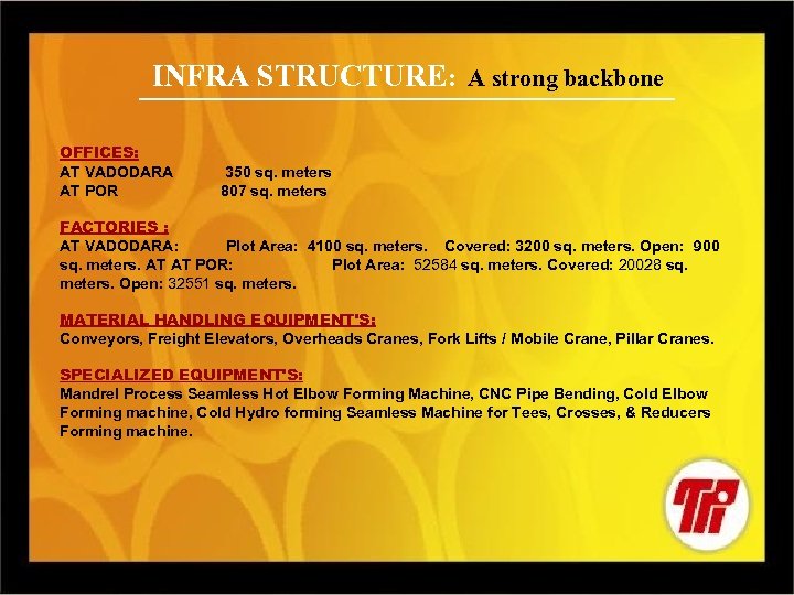 INFRA STRUCTURE: A strong backbone OFFICES: AT VADODARA 350 sq. meters AT POR 807