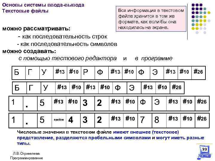 Основы системы ввода-вывода Текстовые файлы можно рассматривать: - как последовательность строк - как последовательность