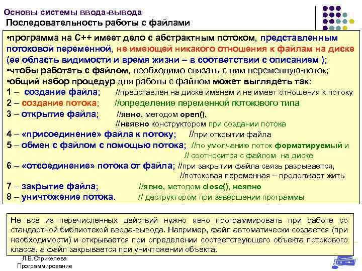 Основы системы ввода-вывода Последовательность работы с файлами • программа на С++ имеет дело с