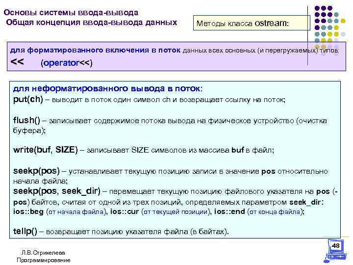 Основы системы ввода-вывода Общая концепция ввода-вывода данных Методы класса ostream: для форматированного включения в