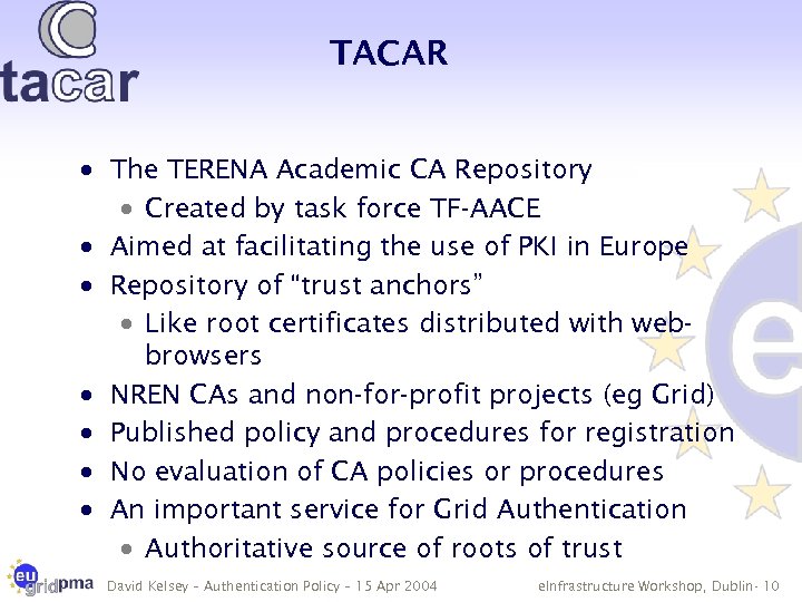 TACAR · The TERENA Academic CA Repository · Created by task force TF-AACE ·