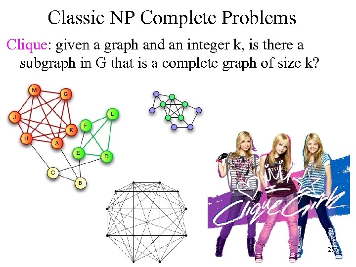 Classic NP Complete Problems Clique: given a graph and an integer k, is there