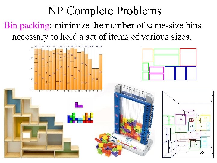 NP Complete Problems Bin packing: minimize the number of same-size bins necessary to hold