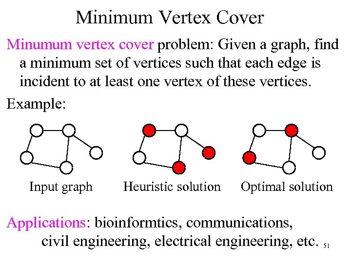 Minimum Vertex Cover Minumum vertex cover problem: Given a graph, find a minimum set
