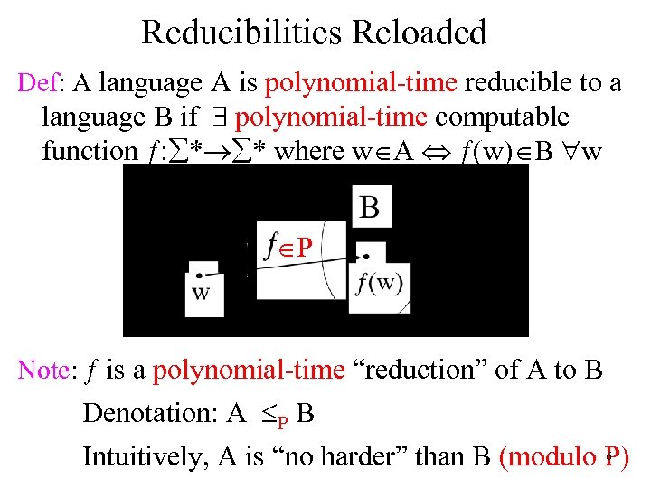 Reducibilities Reloaded Def: A language A is polynomial-time reducible to a language B if