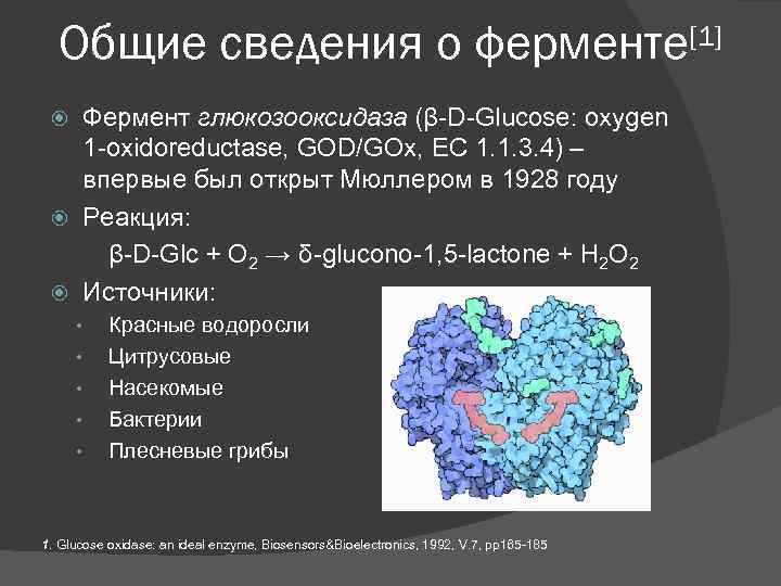 Общие сведения о ферменте[1] Фермент глюкозооксидаза (β-D-Glucose: oxygen 1 -oxidoreductase, GOD/GOx, EC 1. 1.