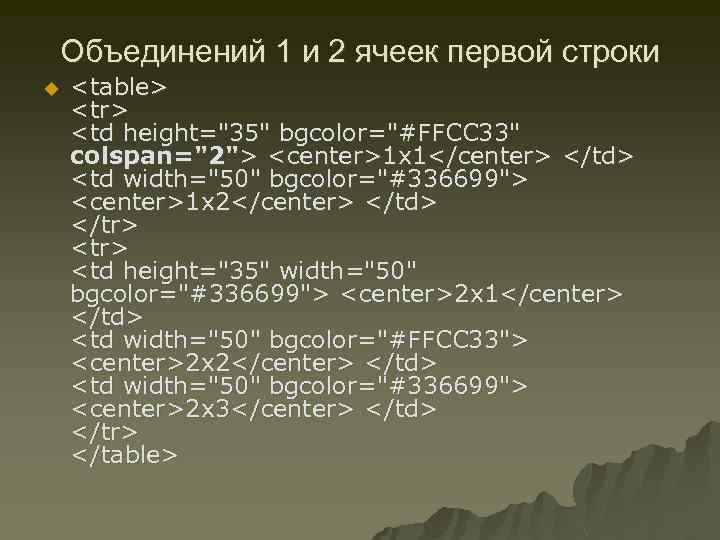 Объединений 1 и 2 ячеек первой строки u <table> <tr> <td height=