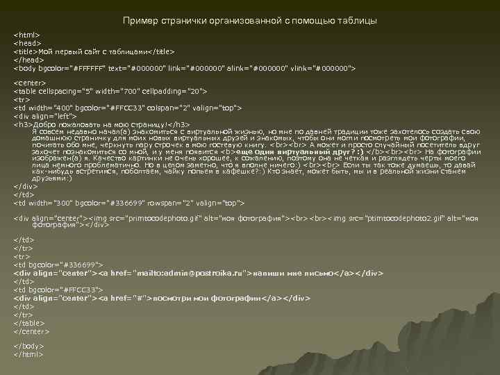 Пример странички организованной с помощью таблицы <html> <head> <title>Мой первый сайт с таблицами</title> </head>