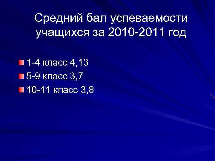 Средний бал успеваемости учащихся за 2010 -2011 год 1 -4 класс 4, 13 5