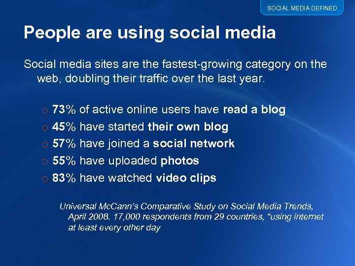 SOCIAL MEDIA DEFINED People are using social media Social media sites are the fastest-growing