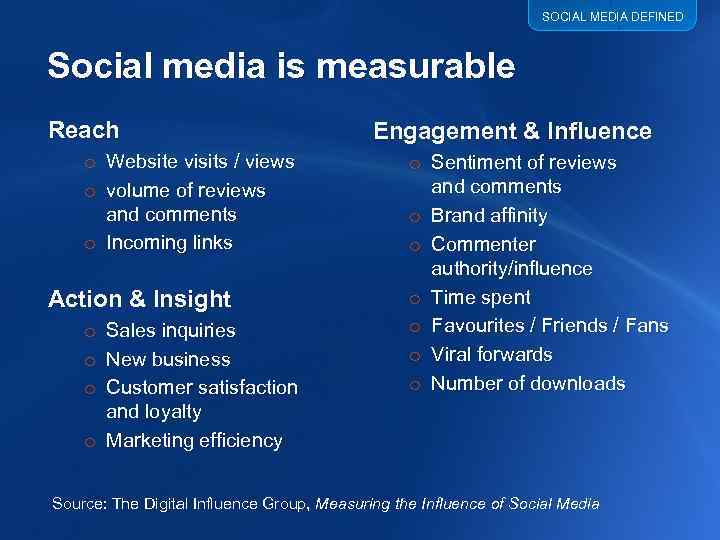 SOCIAL MEDIA DEFINED Social media is measurable Reach o Website visits / views o