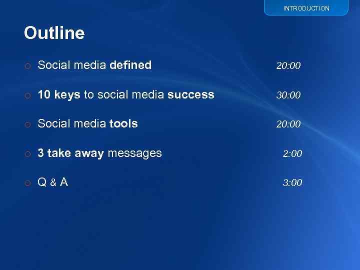 INTRODUCTION Outline o Social media defined 20: 00 o 10 keys to social media