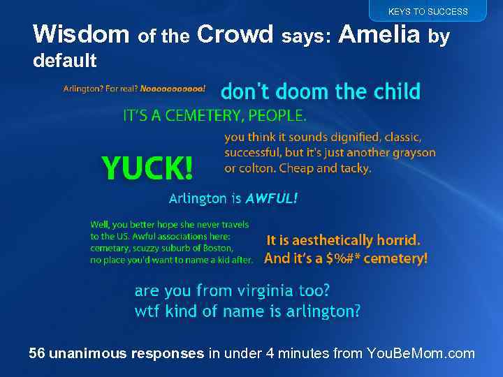 KEYS TO SUCCESS Wisdom of the Crowd says: Amelia by default 56 unanimous responses