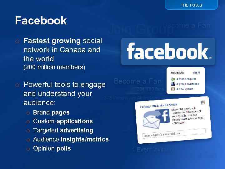 THE TOOLS Facebook o Fastest growing social network in Canada and the world (200